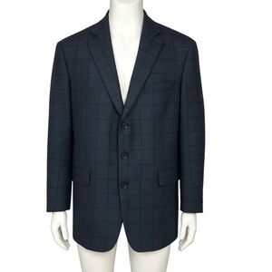 Oscar De La Renta Blue Wool Cashmere Blazer Sport Coat Window Pane  Print 38R